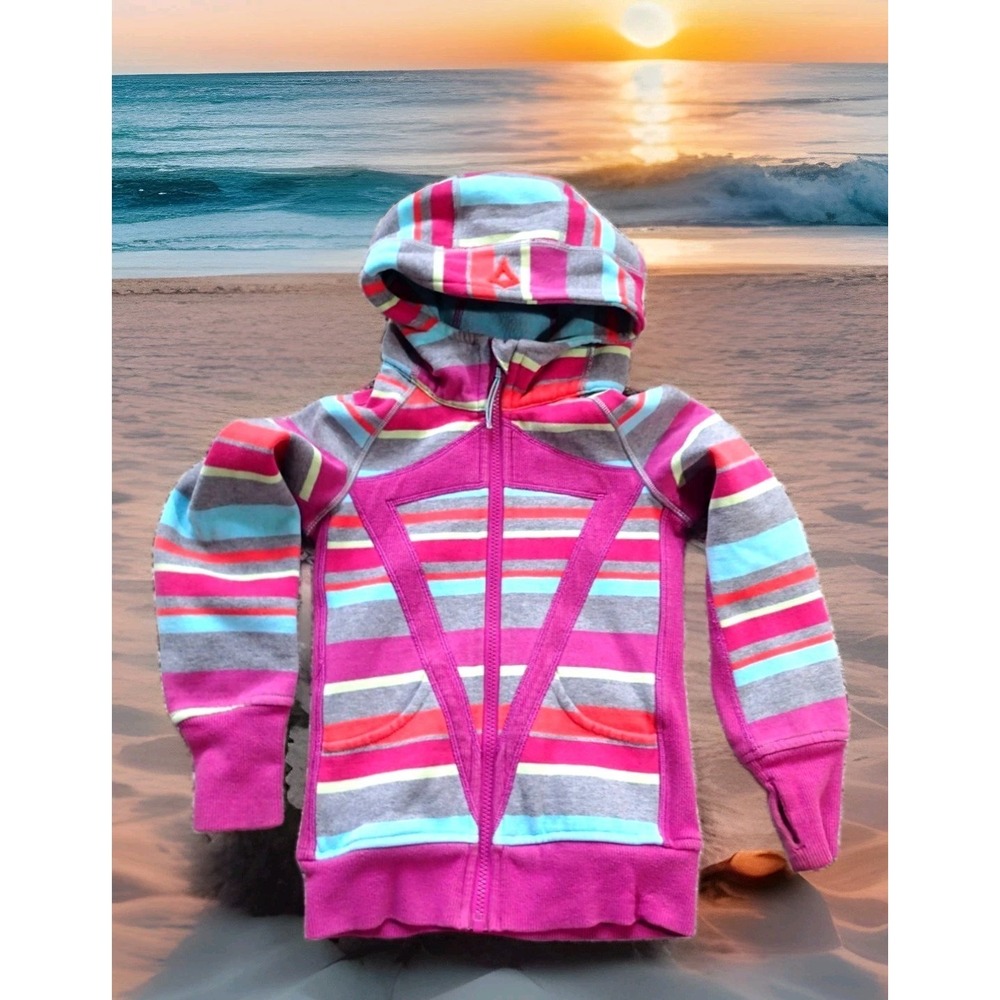 Ivivva Full Zip Hoodie Girls 6 Pink Striped Excellent Thumbholes Fleece Jacket